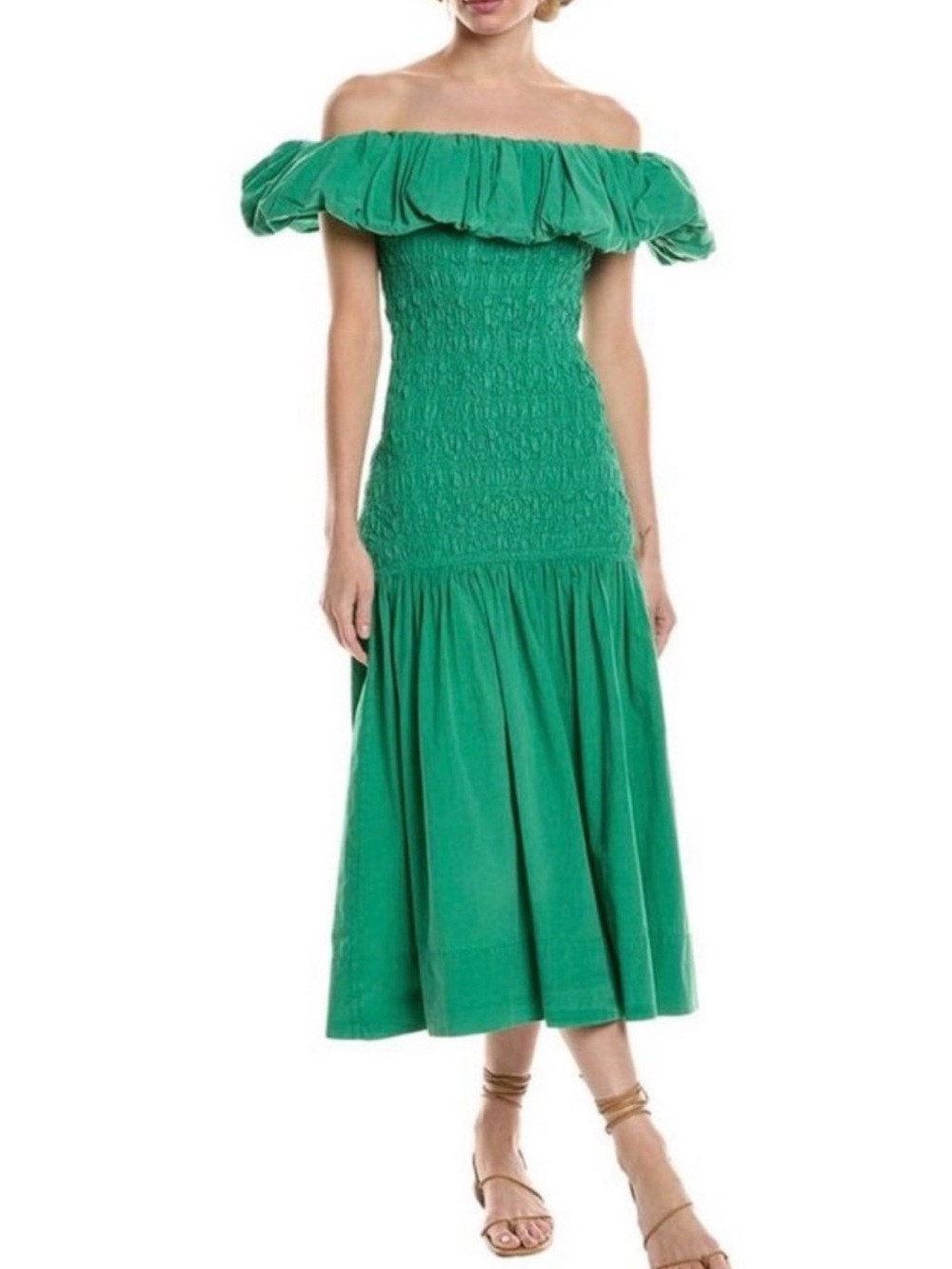 NEW SEA juni garment dye off-shoulder dress in green Medium Wedding Guest Dress